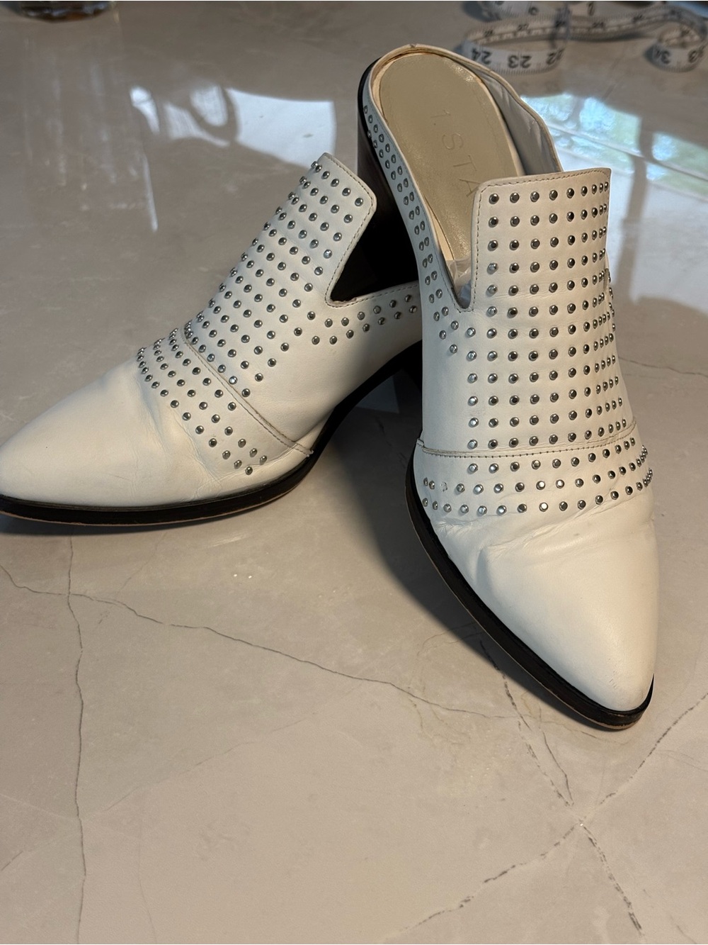 White Studded Pointed-Toe Mule Heels by 1. State